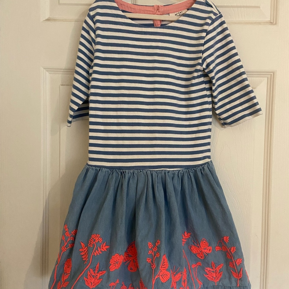 Mini Boden Blue Striped Dress with Red Floral Size 7-8